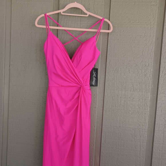 La Femme Strappy Back Jersey Gown SZ 4 Women Hot Pink Deep V Neck Wedding Guest - Picture 3 of 14